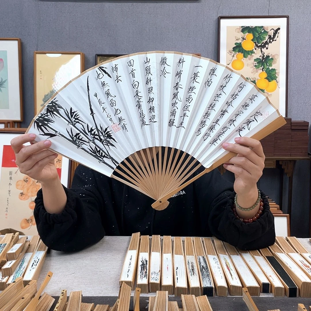 国画95寸玉竹-纯手绘-文玩扇骨（默认粘好）定风波瘦金体