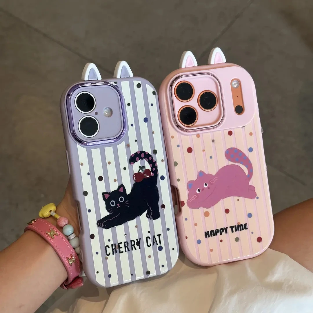 波点猫咪立体耳朵适用苹果17/16手机壳华为vivo小米15oppo新款