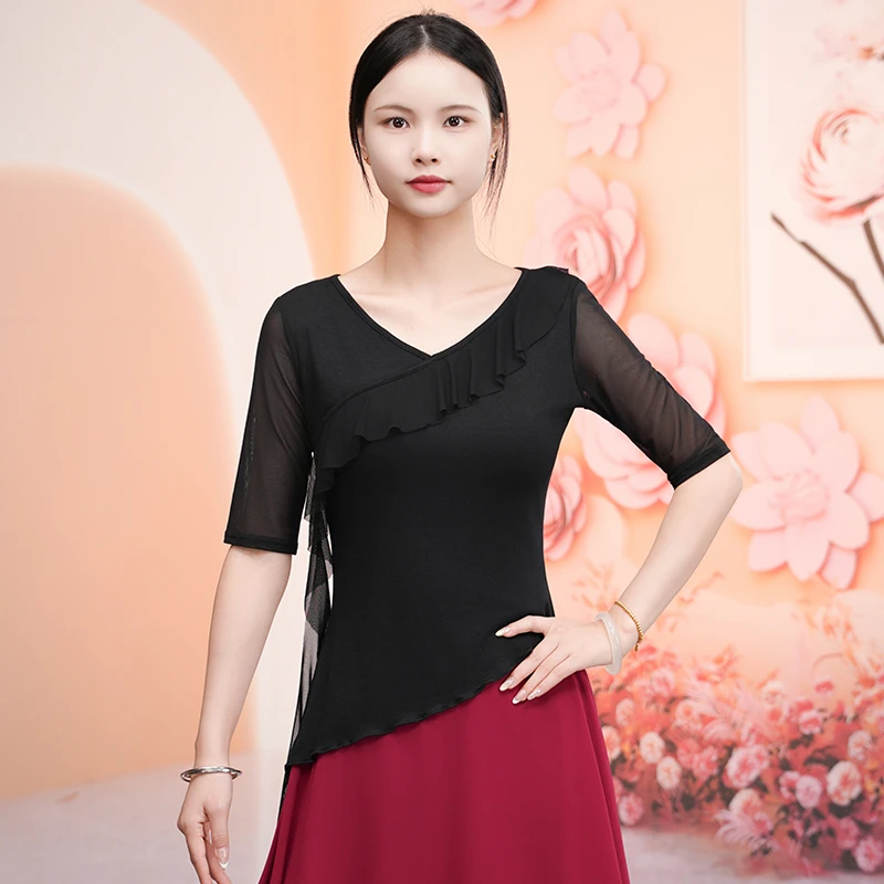 现代舞蹈服当代练功服女新款拼接飘纱身韵舞衣中袖修身上衣形体服