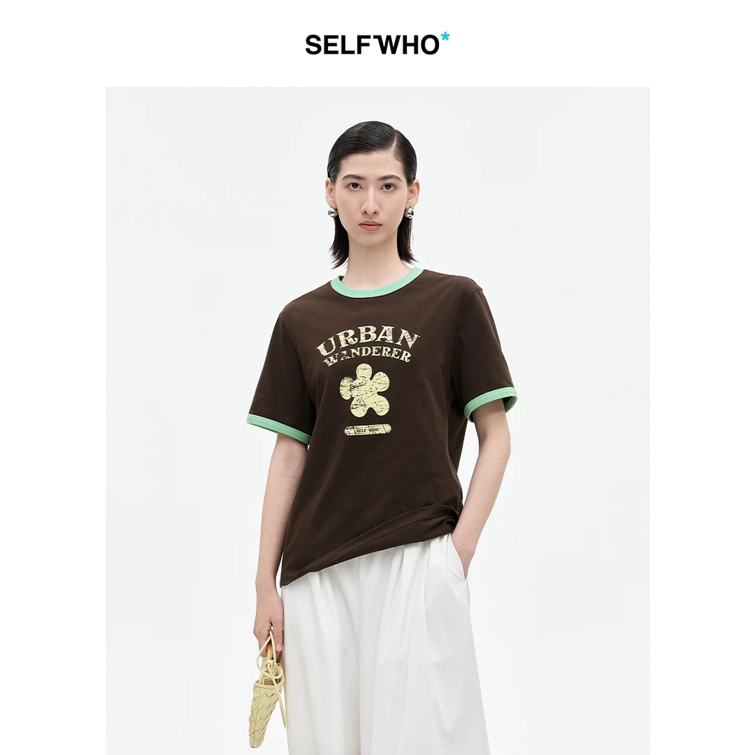 SELFWHO精梳棉撞色斑驳印花短袖T恤女2025夏新款宽松圆领通勤上衣