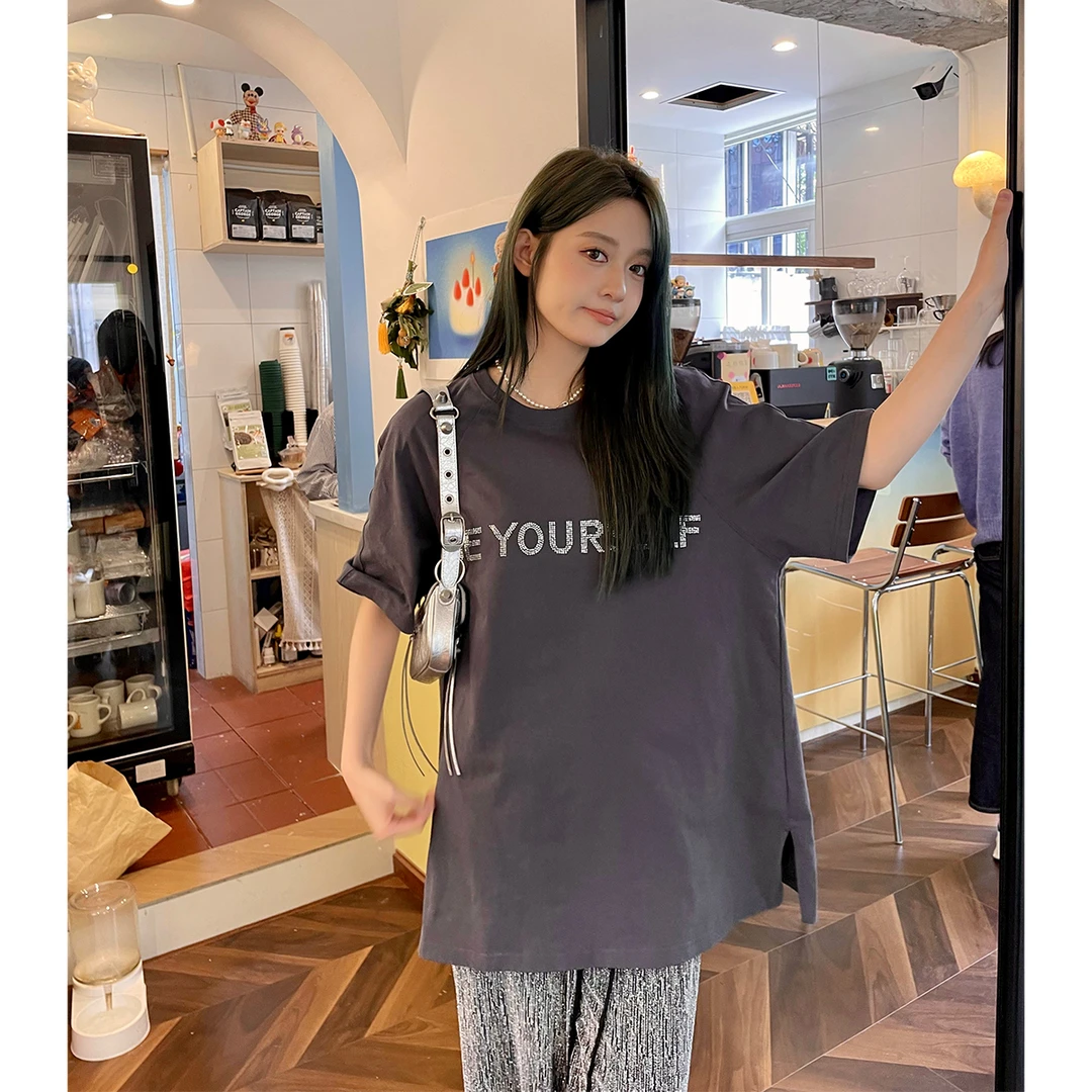 晶咕白标~烫钻字母oversize插肩袖T恤女夏季宽松舒适通勤款短袖