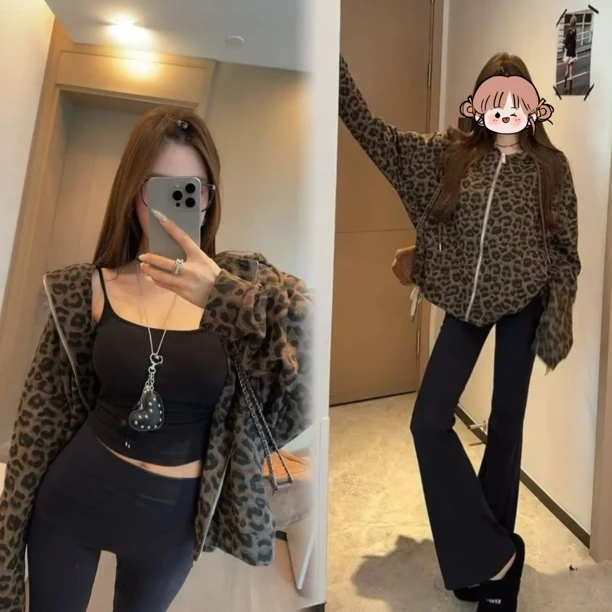 韩版潮流新款长袖豹纹外套女连帽休闲宽松显瘦上衣