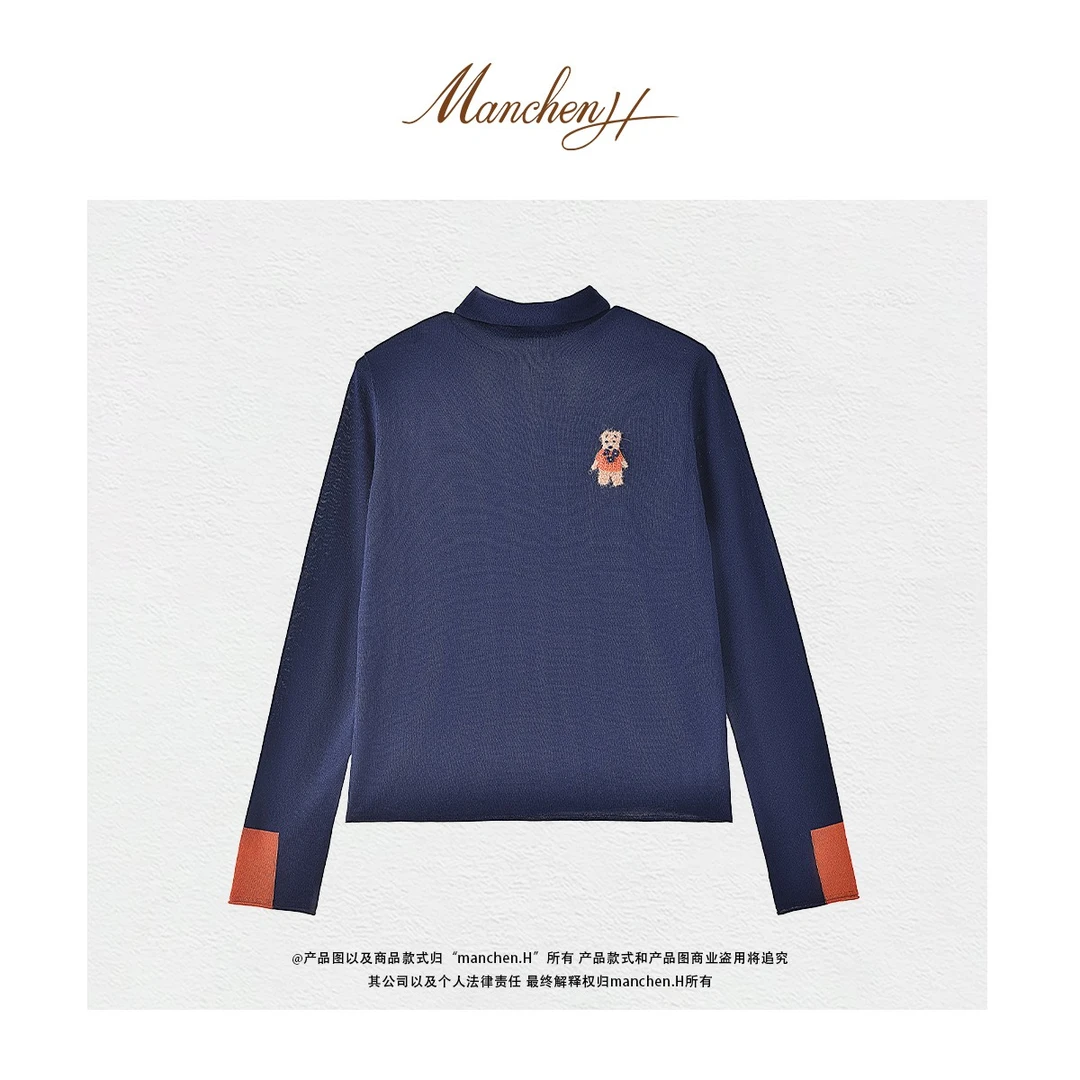 Manchenh"克莱因熊"澳洲进口超细美利奴手工绣花撞色上衣