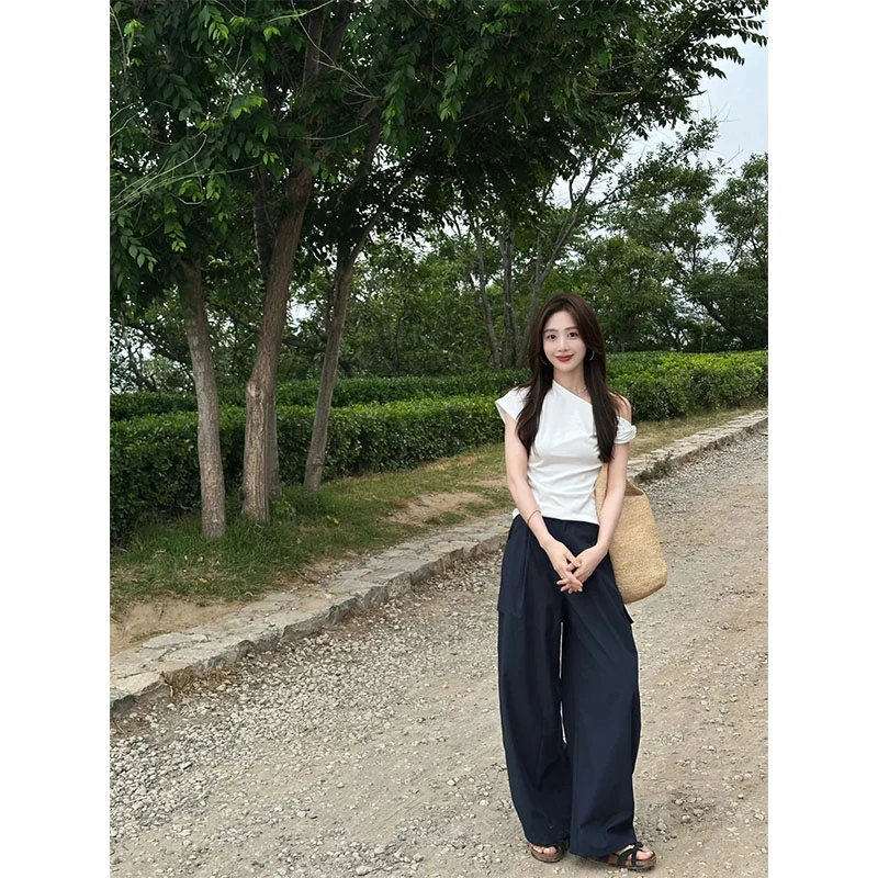 韩系纯欲慵懒风女装休闲斜肩短袖上衣2025夏季新款高腰宽松阔腿裤