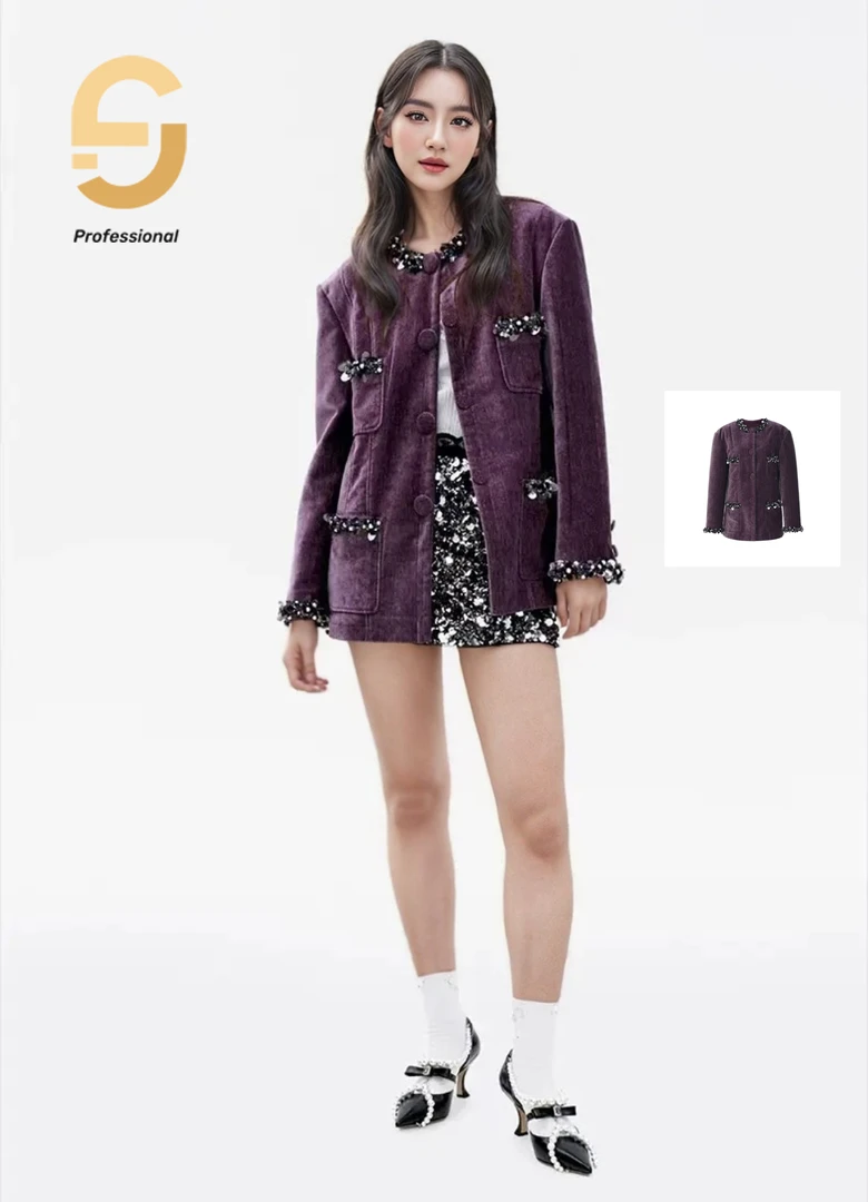 【CG-Y】冬季新款老钱风显白高级感葡萄紫重工珠片钉珠外套女