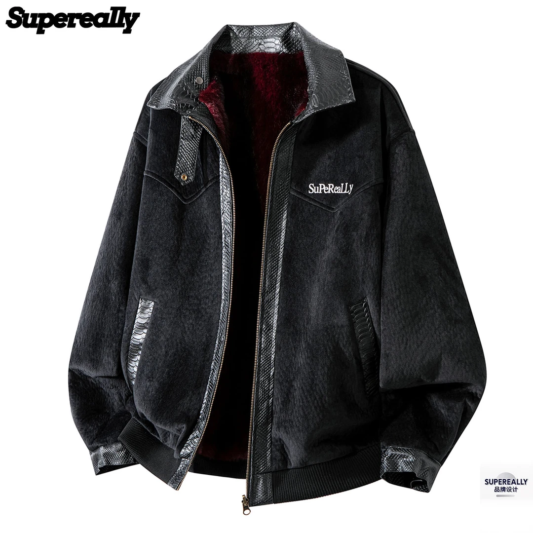 SUPEREALLY 双面穿座山蟒工装巴恩风美式翻领绒毛夹克外套皮草