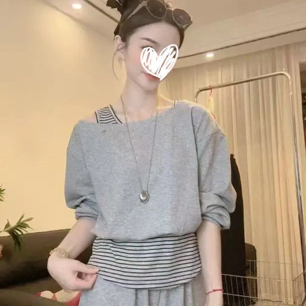 韩系学院风套装女秋季新款不规则斜肩T恤休闲裤新款时尚两件套女
