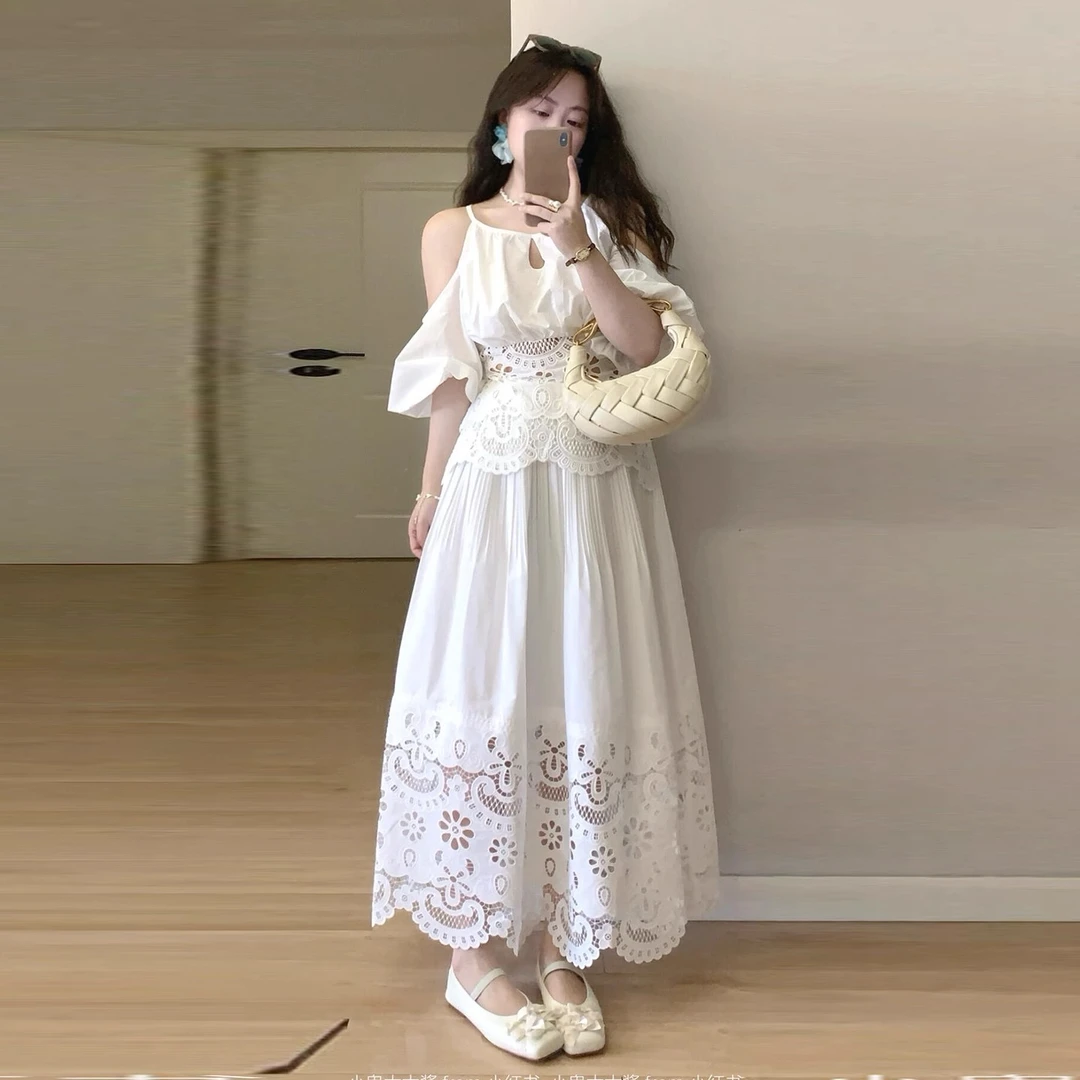 2025夏季穿搭镂空露肩上衣半身裙套装裙法式大码微胖女生连衣裙子
