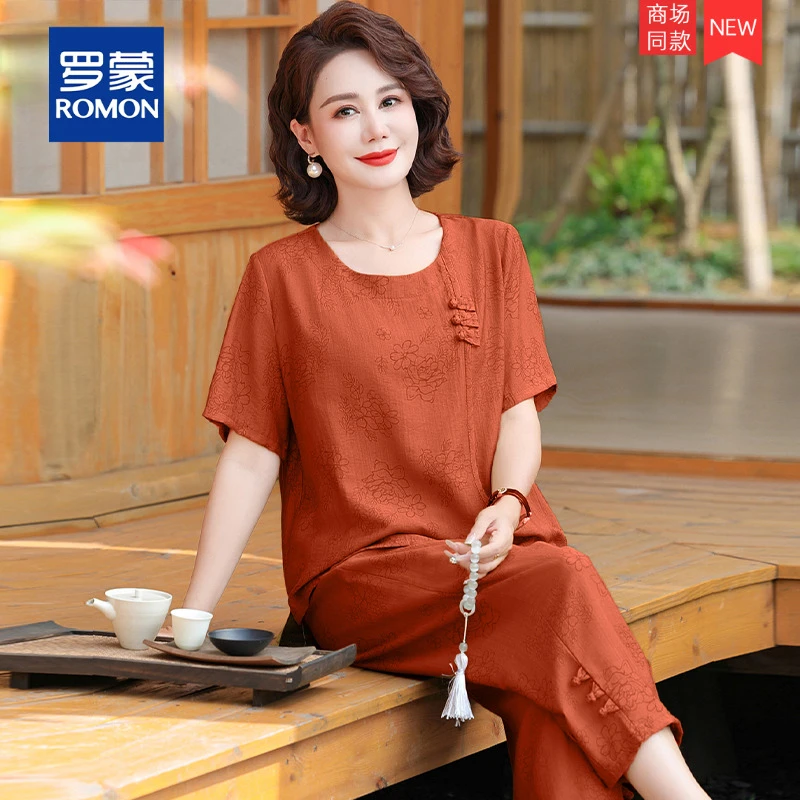 中年妈妈夏装棉麻套装国风上衣2025新款中老年人棉绸女装夏季短袖