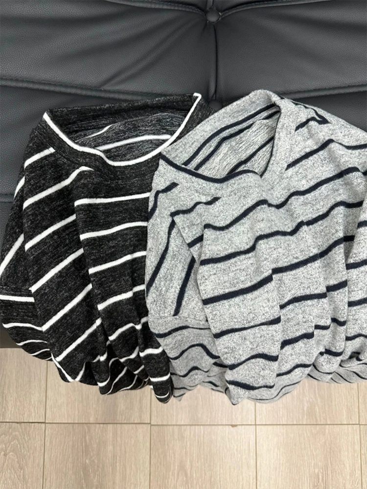 条纹t恤长袖宽松版2025秋冬季内搭外穿打底衫休闲韩版慵懒风上衣