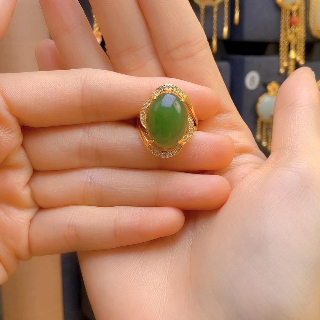 和田玉戒指银S925镀金镶嵌