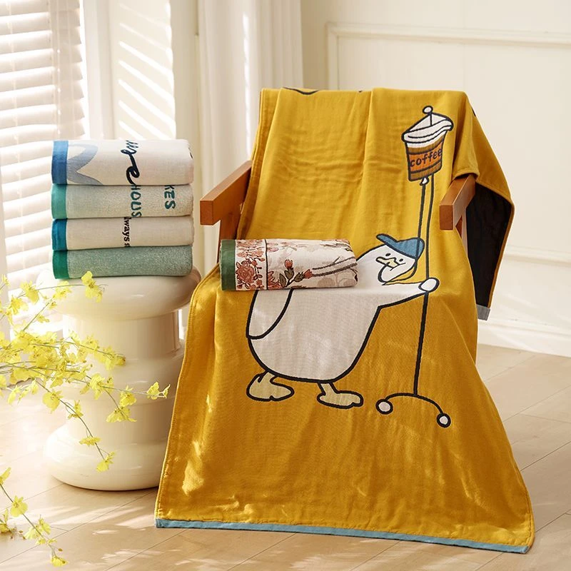 纯棉纱布浴巾家用成人加大全棉吸水不掉毛速干卡通大毛巾洗澡裹巾