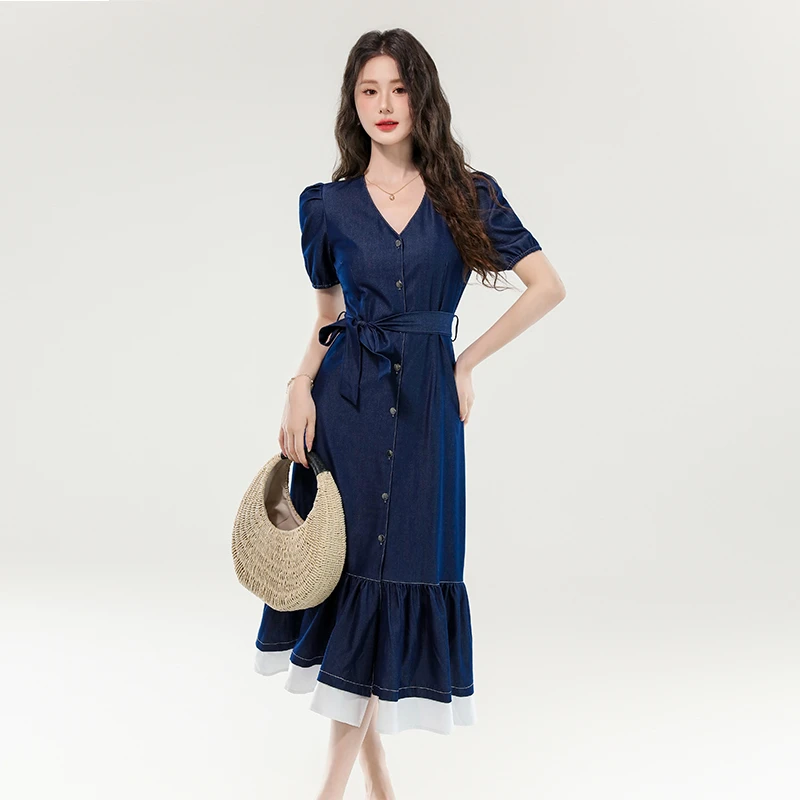 洋气衣服女夏季穿搭高级感拼接法式气质显瘦牛仔连衣裙修身显瘦