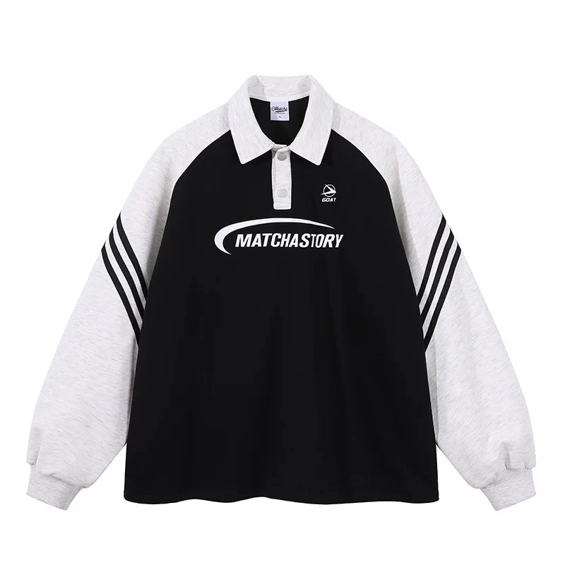 抹茶故事 拼色插肩袖学院风polo领卫衣男女春秋上衣潮