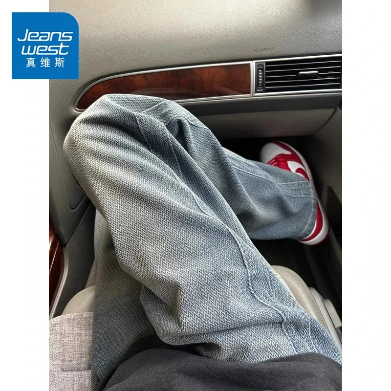 Jeanswest/真维斯美式星空纹牛仔裤男士春秋宽松休闲潮流阔腿长裤