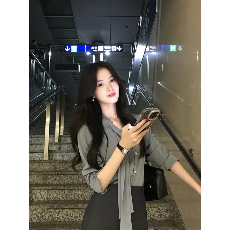 衬衣蝴蝶结纯色百搭长袖甜美衬衫上衣西装裙包臀裙a字半身裙子女