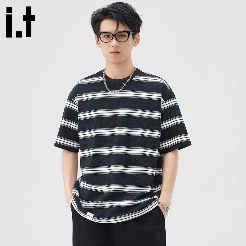 i.t:CHOCOOLATE夏季条纹短袖t恤男2025新款美式潮牌宽松休闲上衣