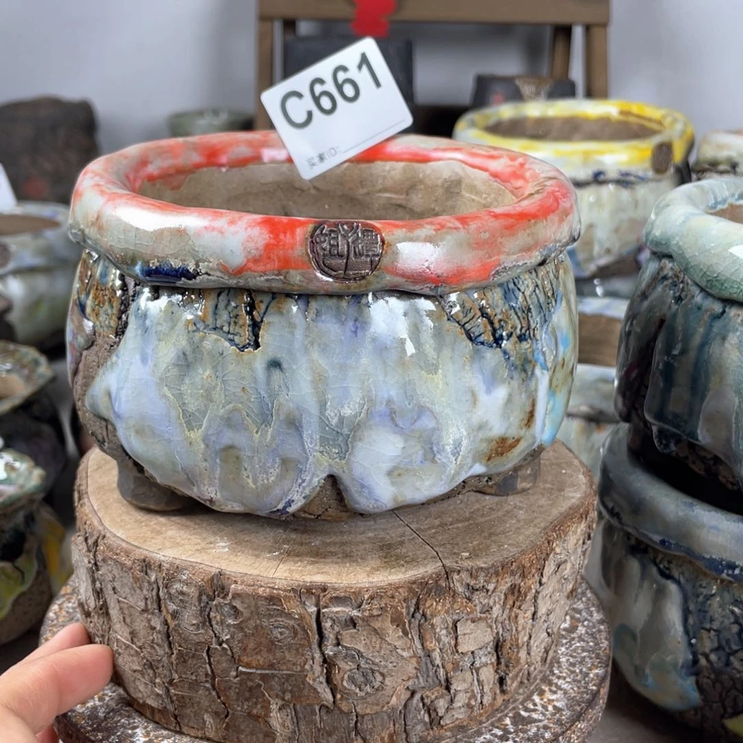 紫砂花盆孤品 不规则油画山石中号包子 内口10.5