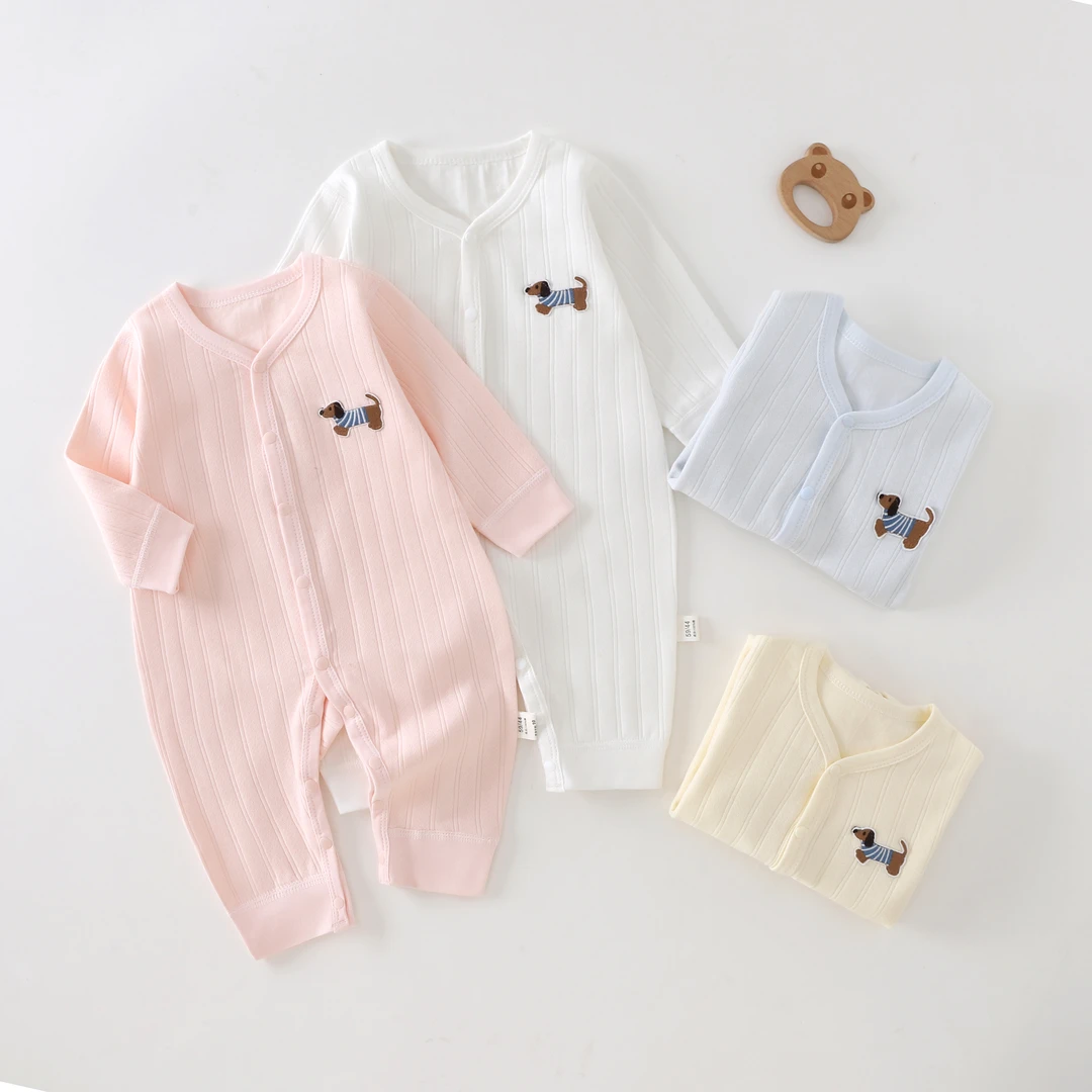 春秋新款宝宝四季款V领长袖纯棉无骨连体衣婴幼儿纯色春季哈衣