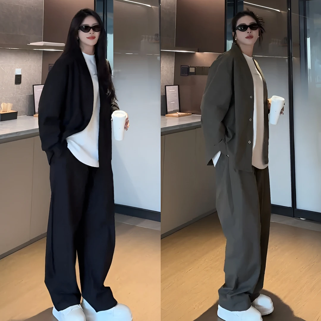 夏季新款时尚百搭纯色简约V领高级感男士外套松紧腰休闲裤两件套