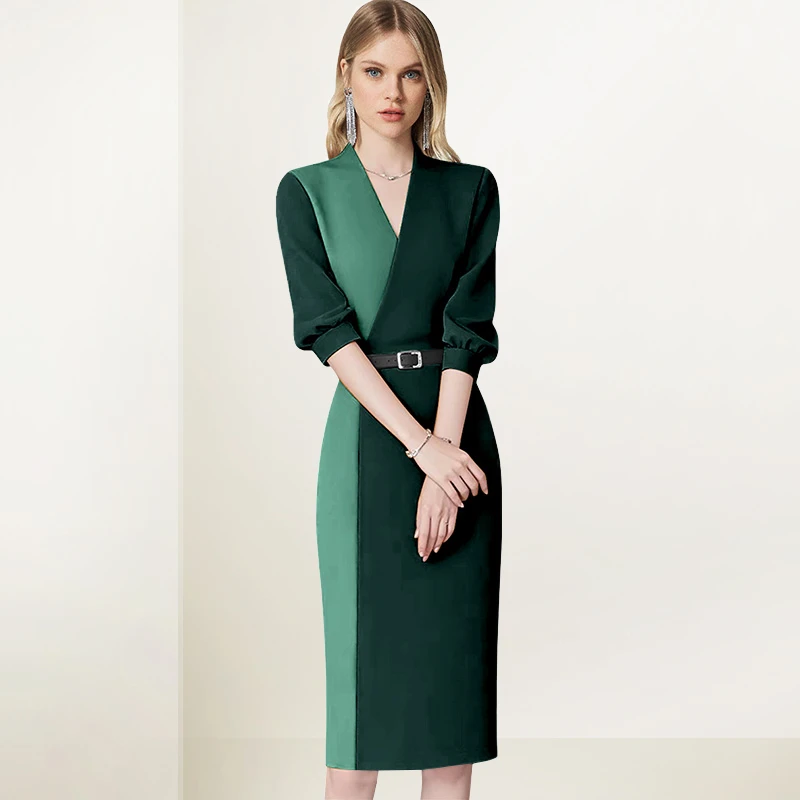 V领撞色连衣裙女2025年秋装新款气质女神范温柔收腰直筒裙子度假