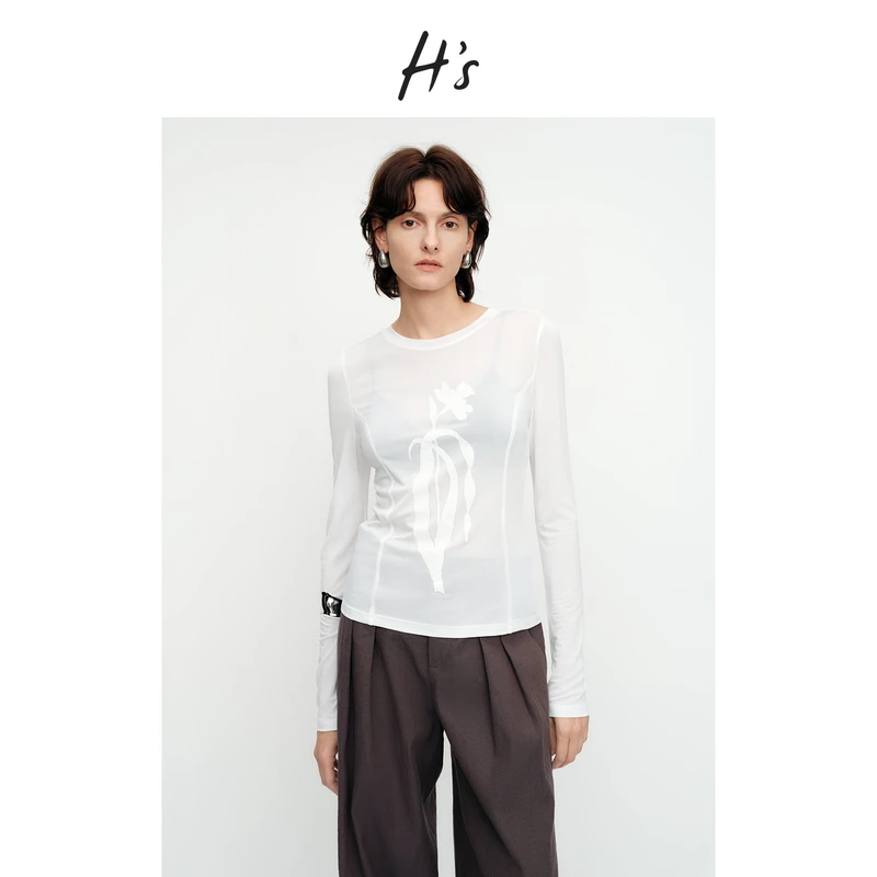 【秋上新】H'S发泡印花T恤女25秋正肩圆领柔软滑爽长袖打