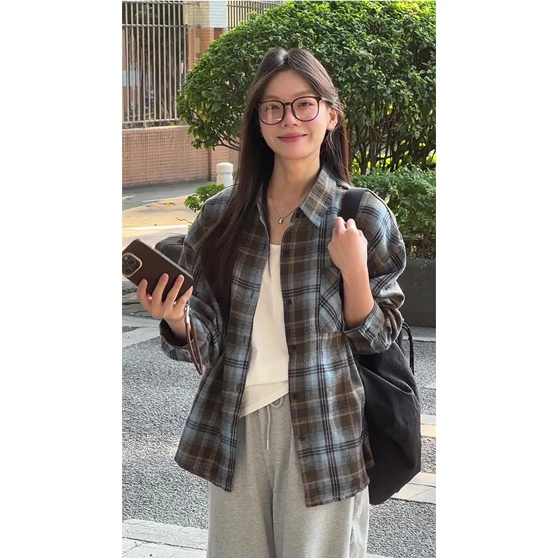 美式复古撞色格纹衬衫女春秋外搭宽松衬衣情侣外套阔腿裤两件套装