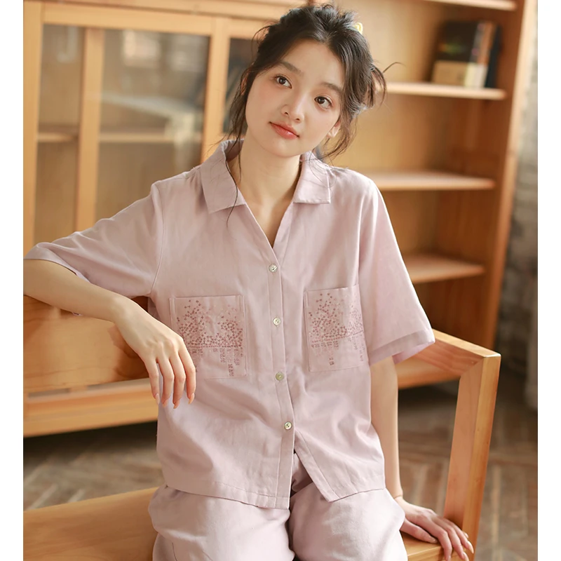 春夏纯棉女士睡衣简约宽松薄款短袖长裤家居服套装可外穿MS25216