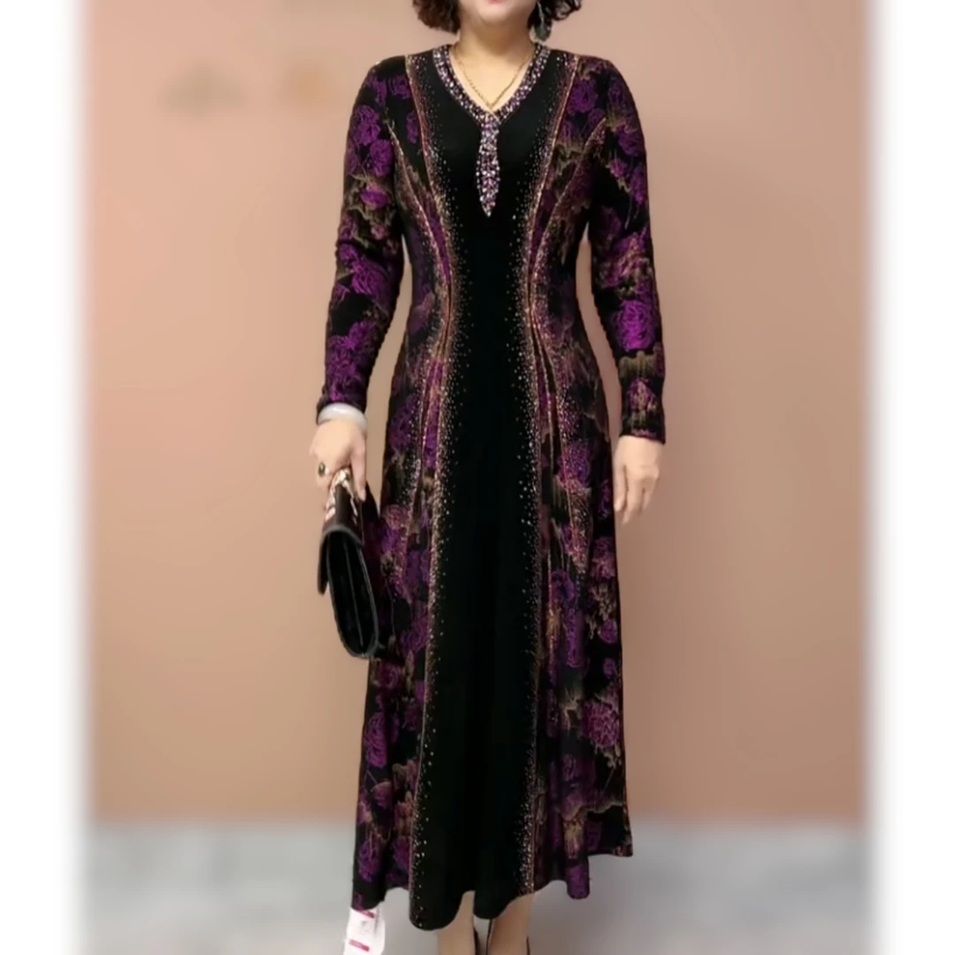 春装中年妈妈喜婆婆装重工镶钻收腰大码显瘦时尚婚宴长袖连衣裙