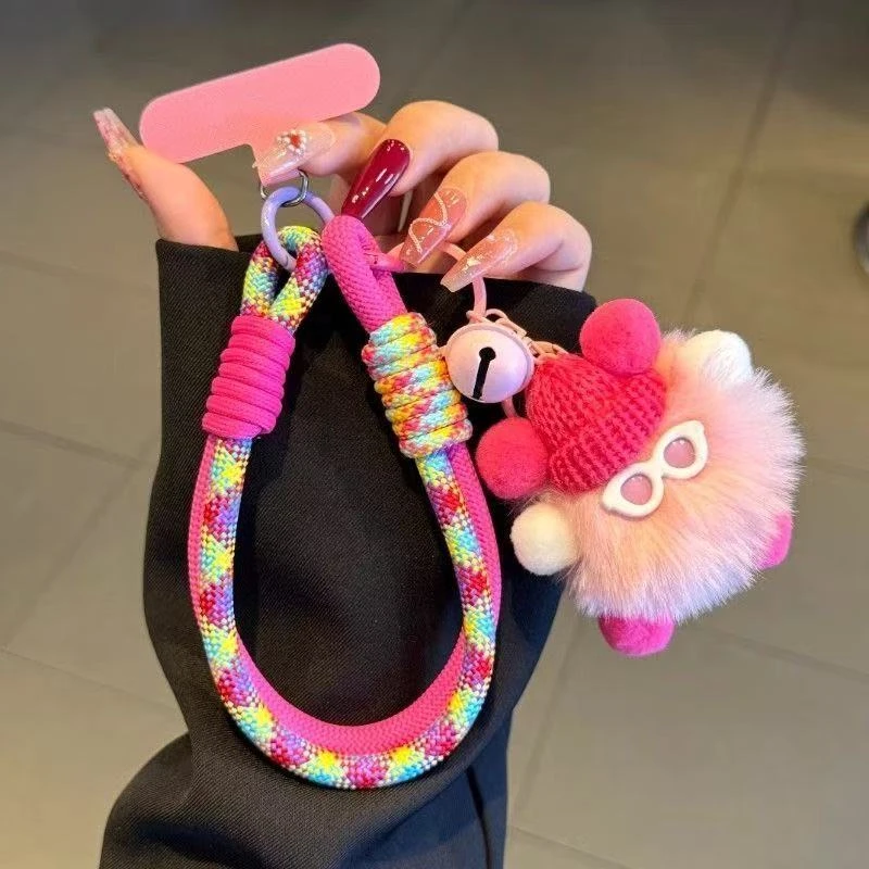 多巴胺毛绒煤球手机挂绳手腕带ins防丢手提钥匙扣包包挂链壳夹片