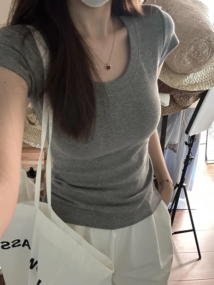 灰色修身U领正肩短袖T恤女夏季百搭美式辣妹弹力显瘦收腰学生上衣