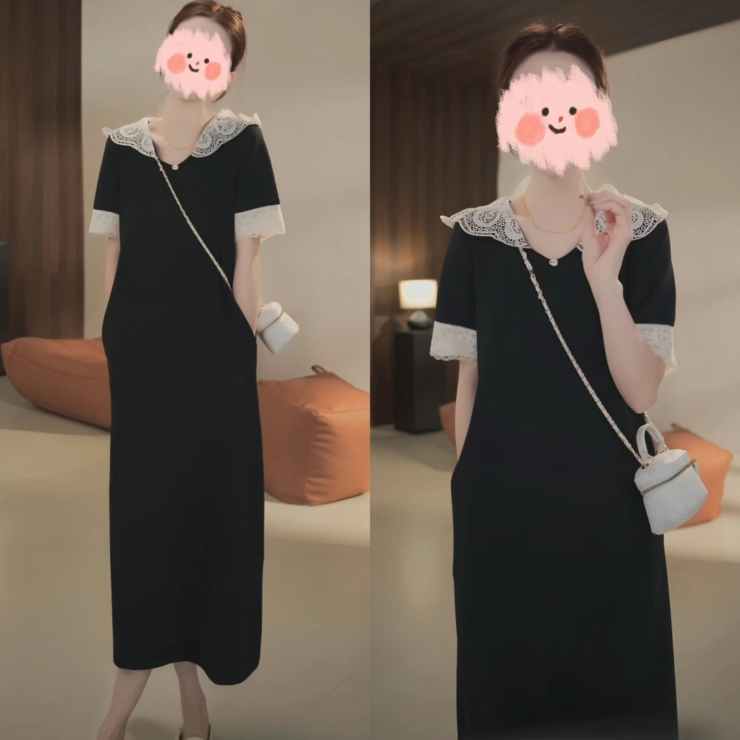 夏季欧货蕾丝拼接连帽连衣裙2025气质减龄显瘦休闲绝美中长连衣裙