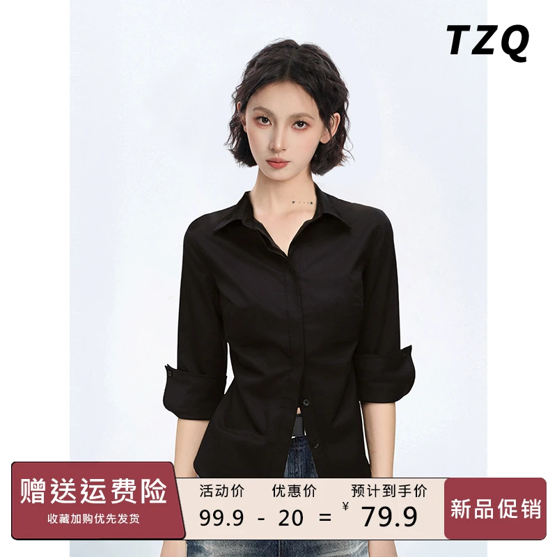 黑色polo正肩短袖衬衫女气质修身衬衣通勤穿搭半袖上衣TZQ2582743