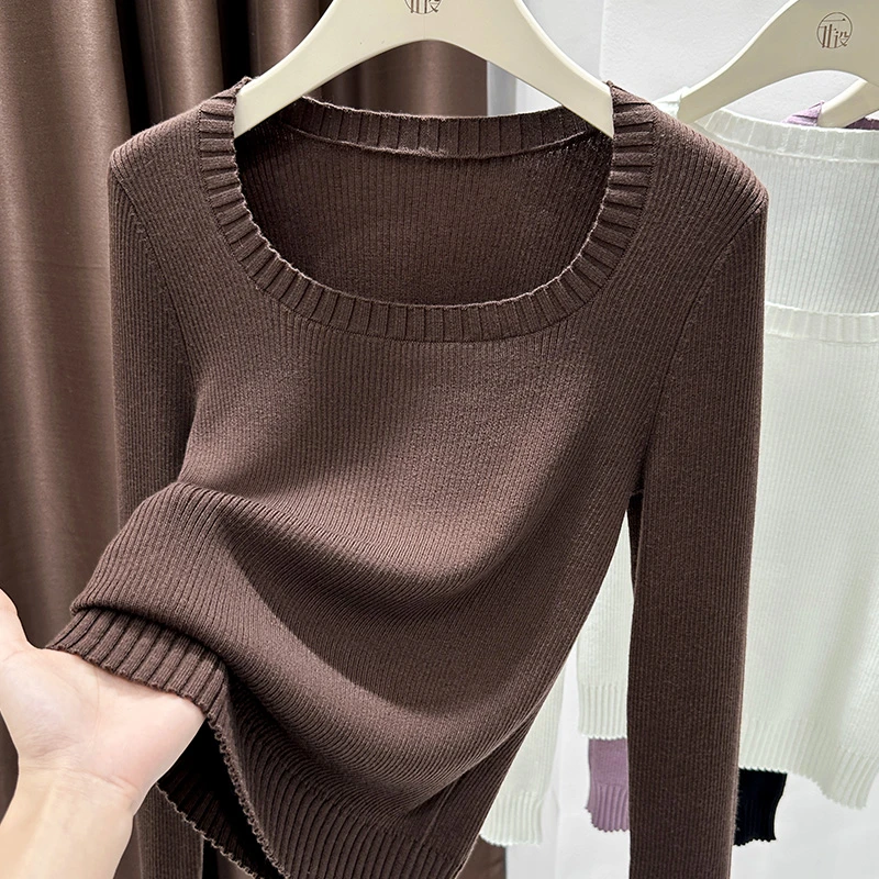 咖色高级感坑条方领上衣女秋季新款通勤简约长袖T恤软糯针织内搭
