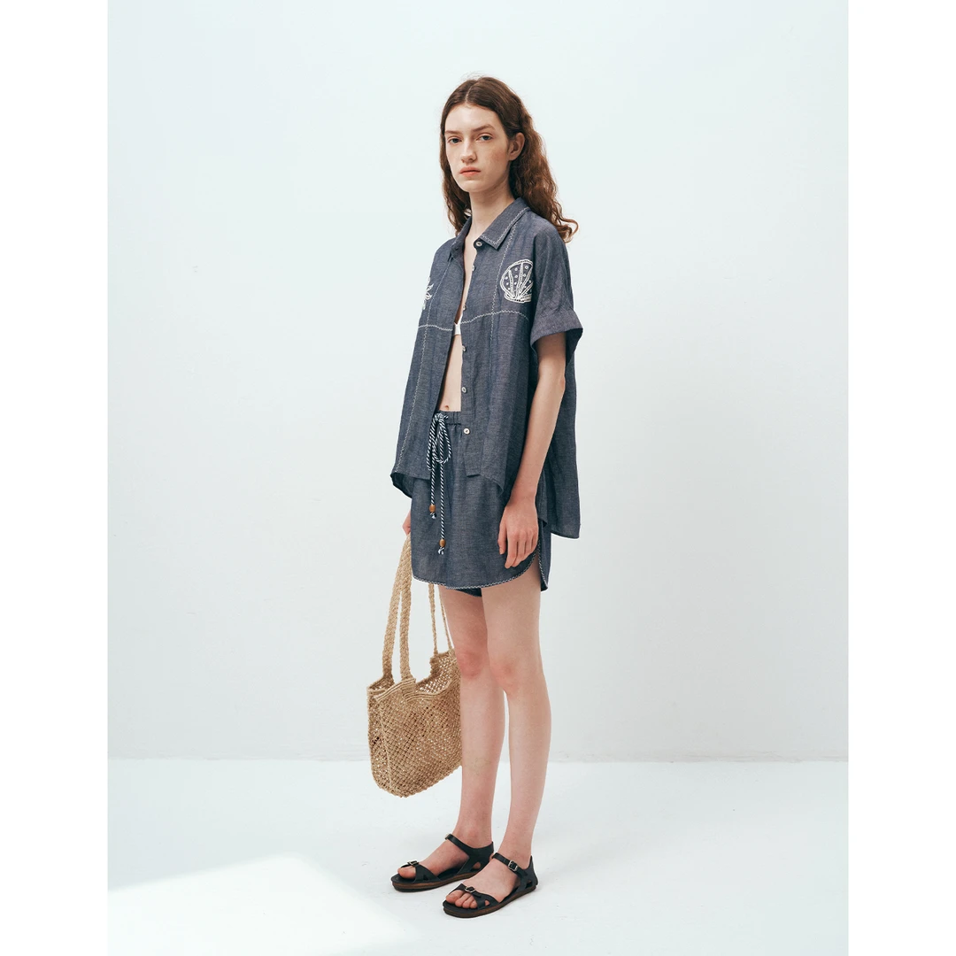 MADE OF SENSES【胶囊系列】新款镂空绣花亚麻混纺连身短袖衬衫夏