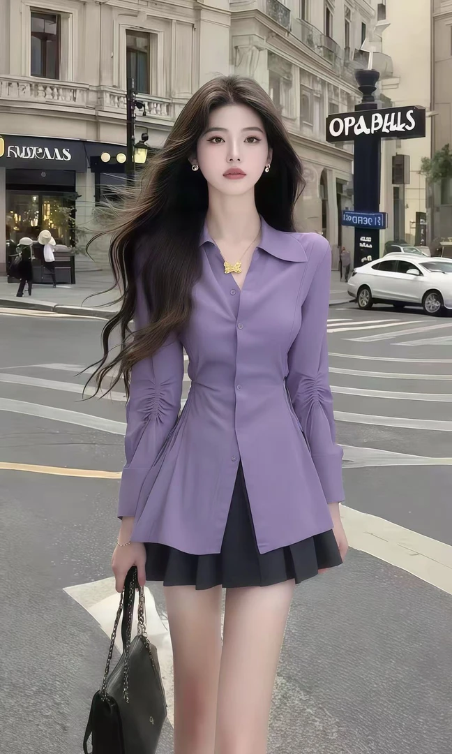 法式少女风慵懒风时尚气质套装紫色收腰显瘦长袖衬衫秋季上衣修身