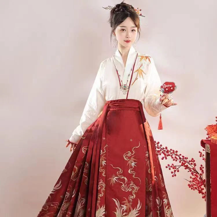 【凤鸣在竹】春季明制新款中式国风汉服长袖刺绣衬衫日常通勤套装