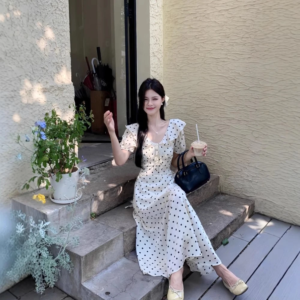 法式温柔初恋裙复古波点连衣裙女夏天收腰显瘦甜美气质荷叶边长裙