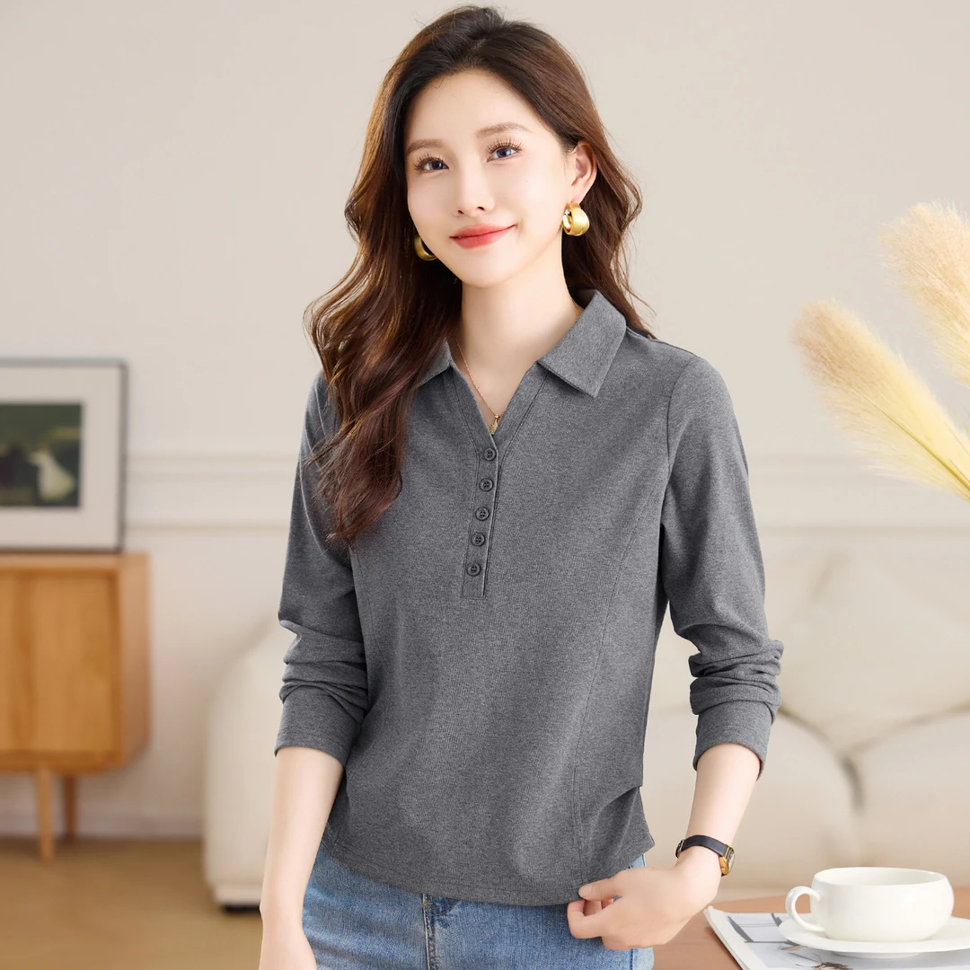 翻领灰色长袖t恤女士打底衫2025新款秋冬爆款女装内搭可外穿上衣
