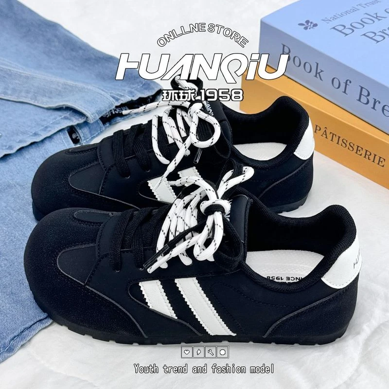 环球泡芙黑色德训鞋女2025夏季新款透气轻便阿甘鞋女休闲学生板鞋