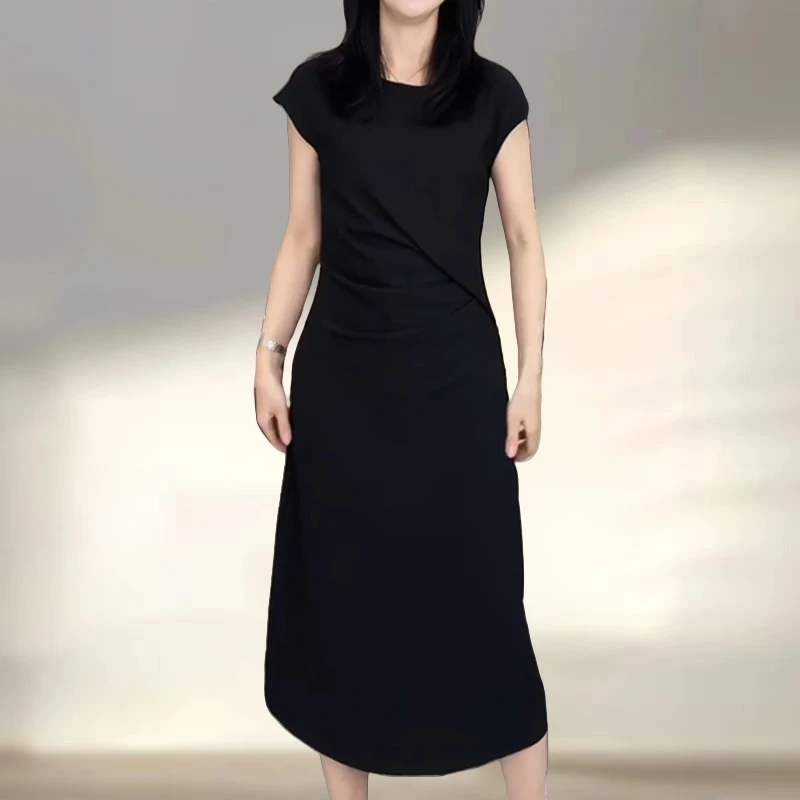 法式轻奢高级感圆领连衣裙2025新款减龄褶皱收腰大码女装中长裙子