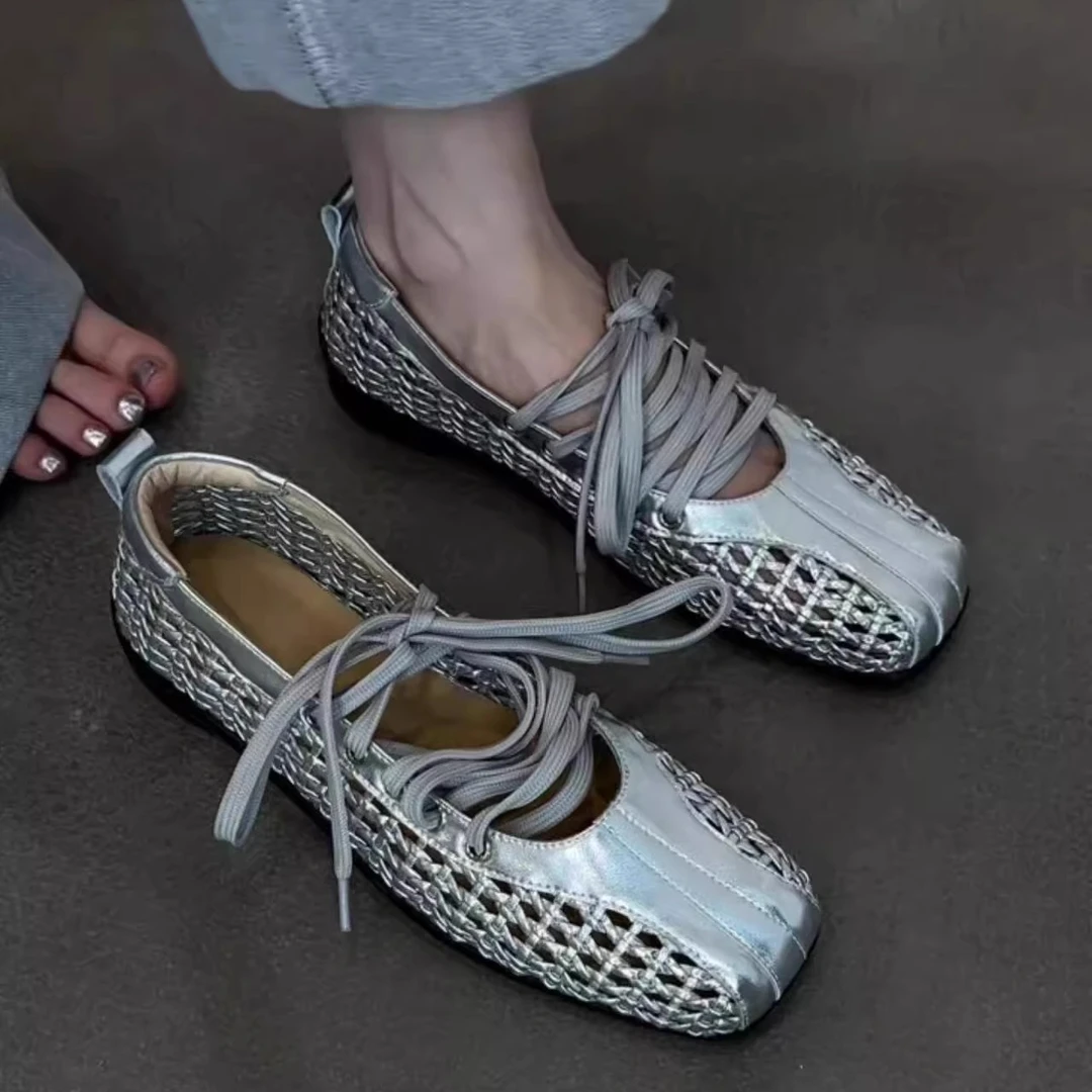米熙家~小众复古银色绑带芭蕾舞鞋女2025年新款浅口单鞋玛丽珍鞋