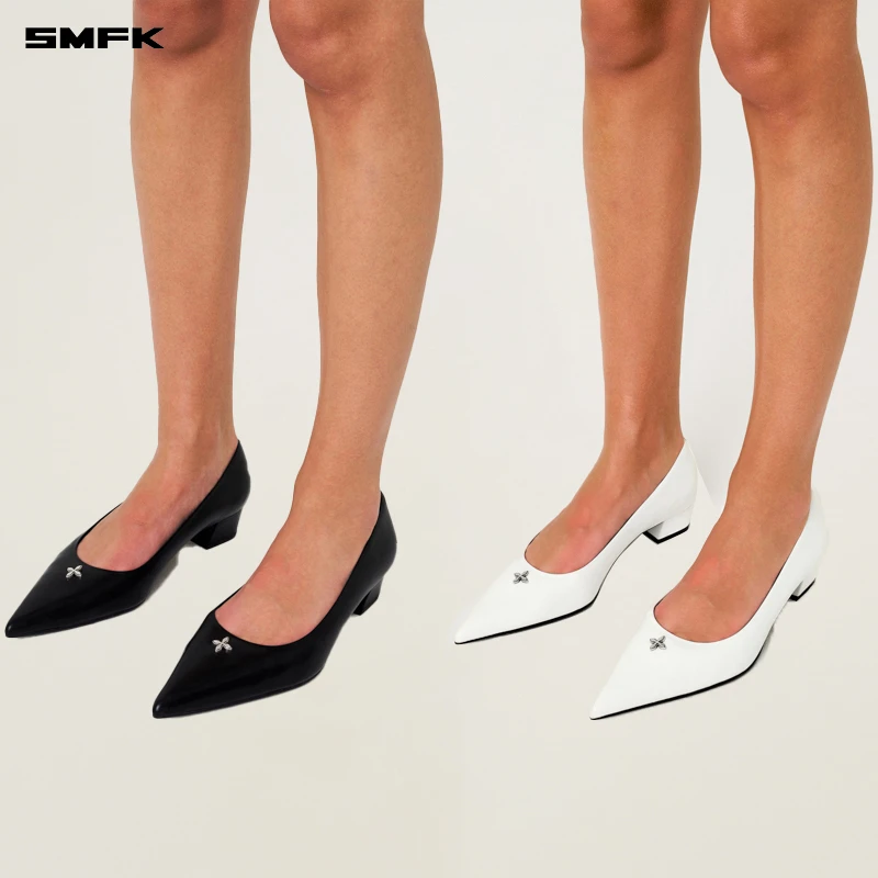 SMFK十字铆钉古典皮质高跟鞋 SH003BF 女士气质粗跟尖头时尚百搭