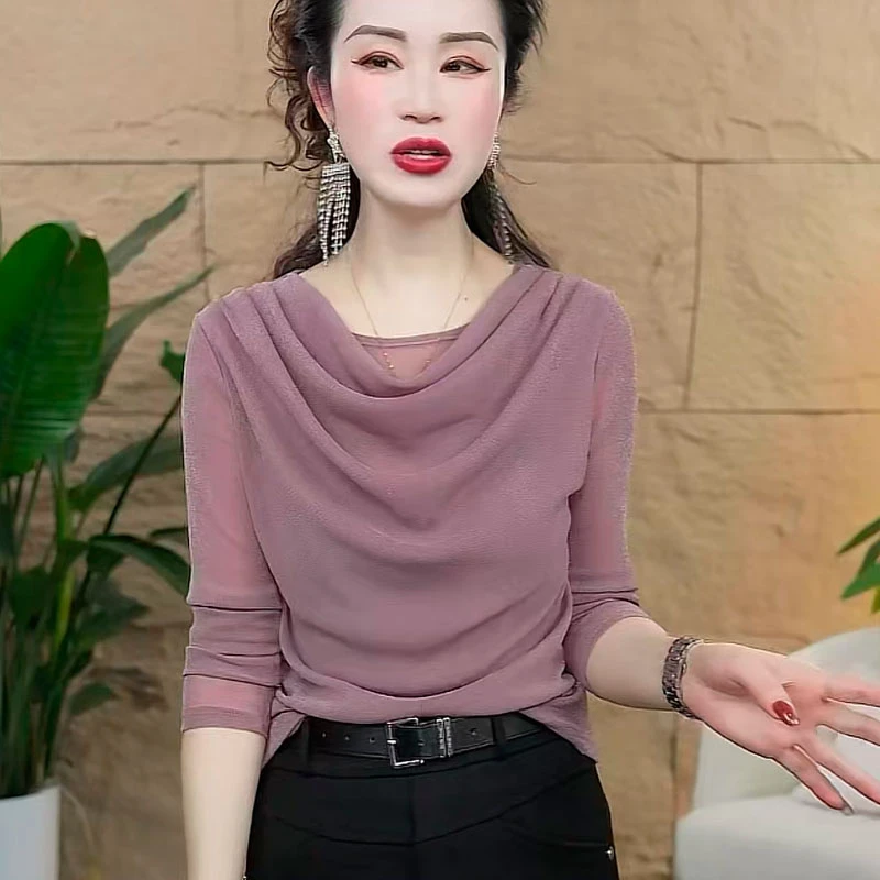 堆堆领小衫女遮肉显瘦女人味长袖T恤气质时尚上衣网纱减龄打底衫