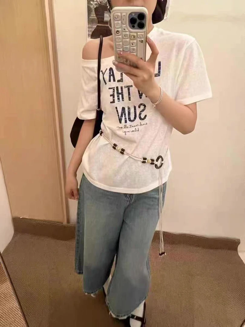 55026 韩系斜肩印花竹节麻针织（带腰带）