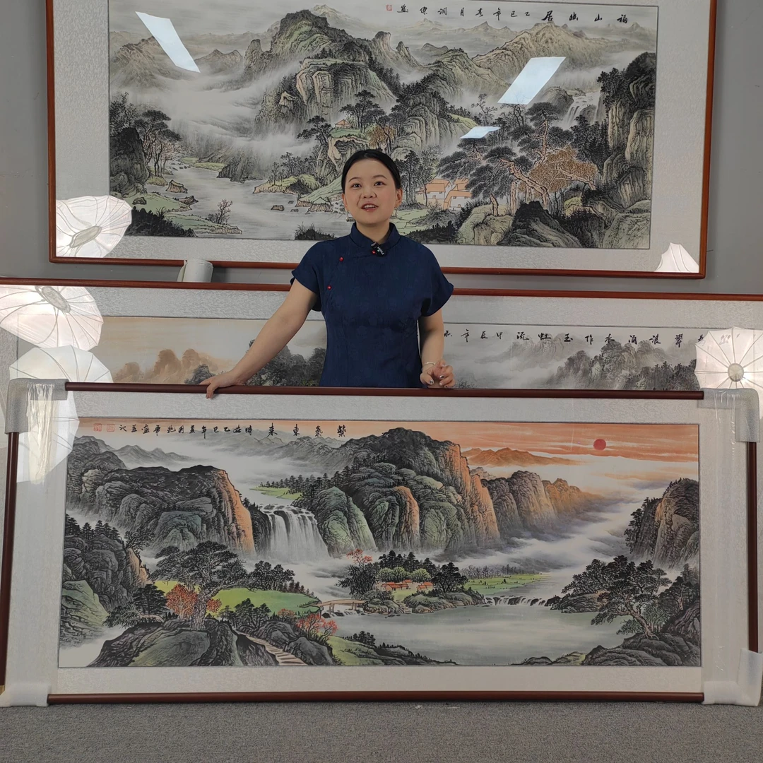 纯手绘紫气东来168*62山水画中国画字画直播间