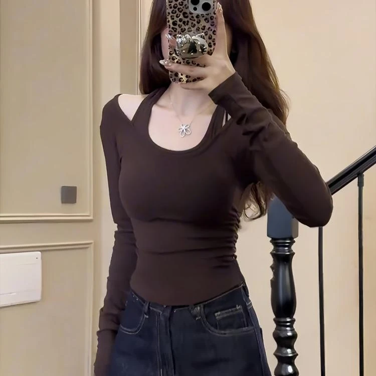 新款春秋冬甜辣妹露锁骨挂脖T恤收腰显瘦打底衫洋气别致长袖上衣