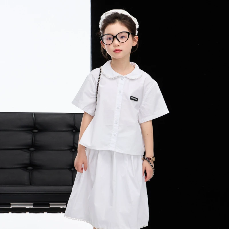 女童学院风套装2025夏季新款儿童中大童韩版短袖衬衫半身裙两件套
