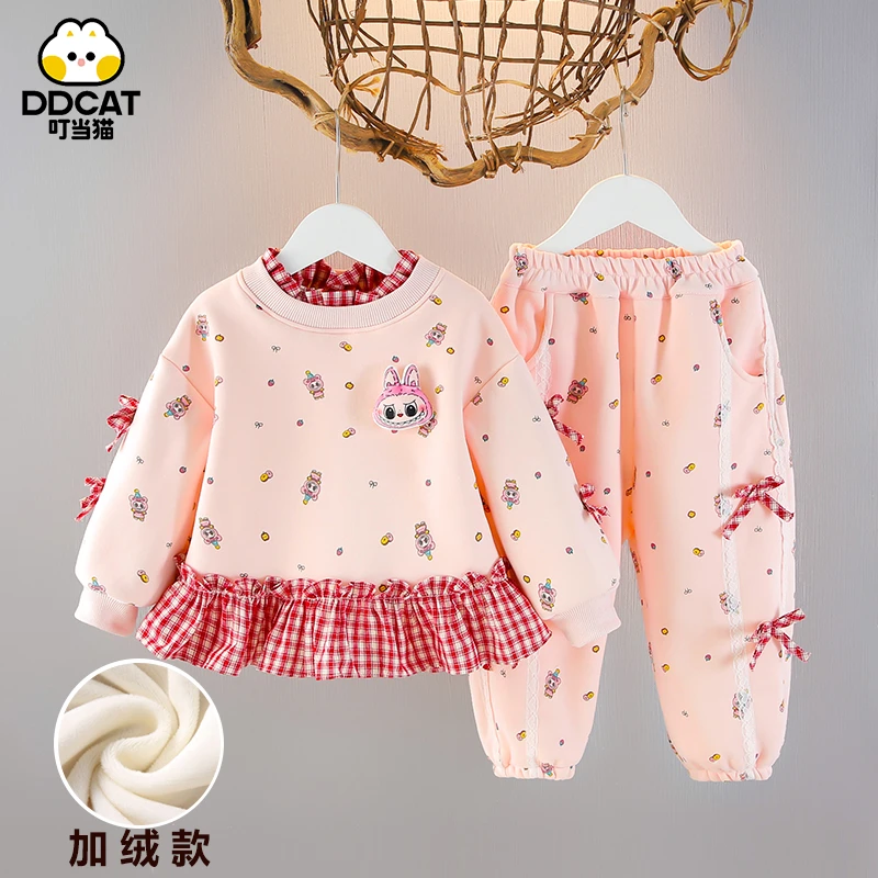 叮当猫女童加绒套装秋冬季洋气儿童卫衣两件套加厚女宝宝小童冬装