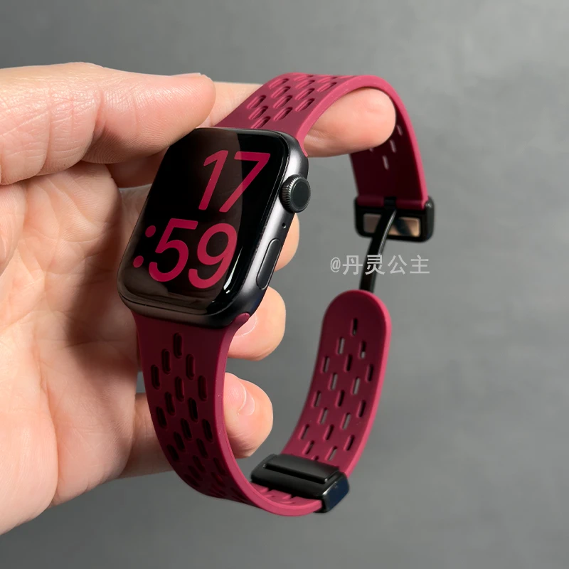 丹灵公主适用苹果S10手表iwatch表带洞洞硅胶9/8/7磁吸扣男女腕带